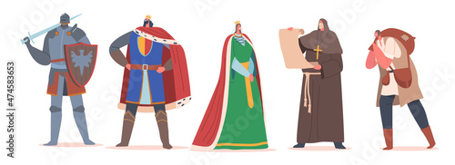 Set of Medieval Historical Characters. Royal Queen and King, Monk with Parchment, Knight Warrior, Peasant in Costumes