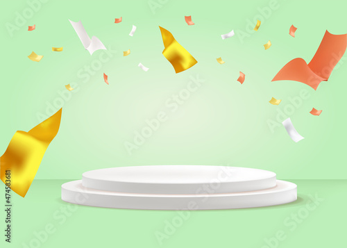 Abstract scene background. Cylinder podium background with confetti and ribbons. Product presentation, mock up, show.