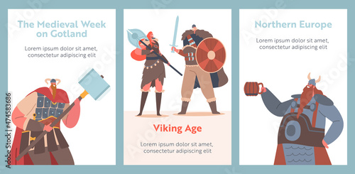 Vikings, Medieval Nordic Soldiers, Barbarians Cartoon Banners. Male and Female Characters Wearing Skins and Hold Armor