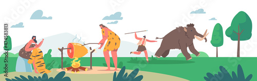 Prehistoric Age People Wear Animal Skin Use Primitive Tools Hunting Mammoth, Cooking on Fire, Woman Curry or Sewing Skin