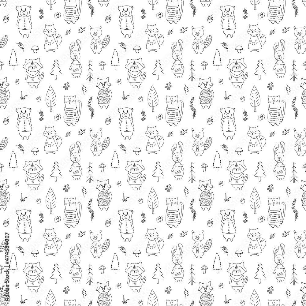 Cute animals Seamless pattern. Cartoon Animals in forest background. Vector illustration