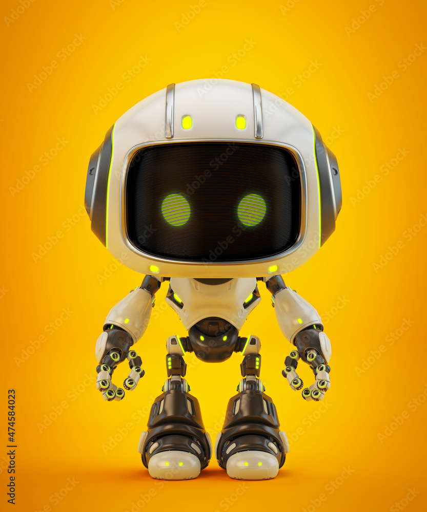 Futuristic white robot toy with black screen face, glowing green eyes, and mechanical limbs, isolated on a vibrant orange background, showcasing a front view with modern and friendly design
Futuristic white robot toy with black screen face, glowing green eyes, and mechanical limbs, isolated on a vibrant orange background, showcasing a front view with modern and friendly design