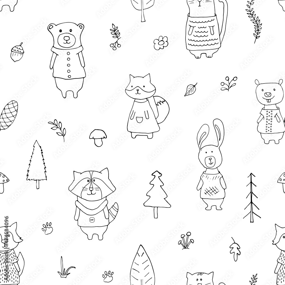 Naklejka premium Cute animals Seamless pattern. Cartoon Animals in forest background. Vector illustration