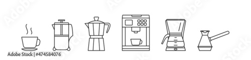 Coffee brewing devices. Set of outline icons.