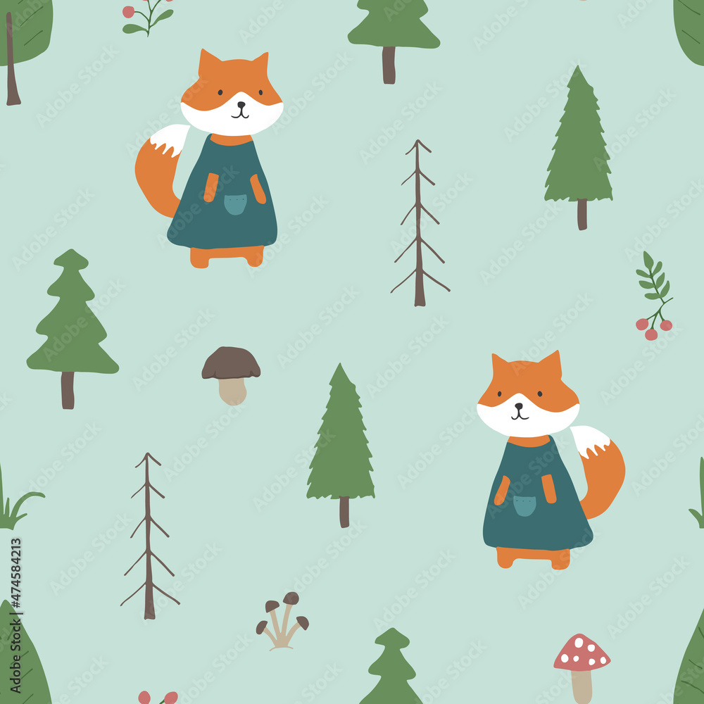 Cute Fox Seamless pattern. Cartoon Animals in forest background. Vector illustration