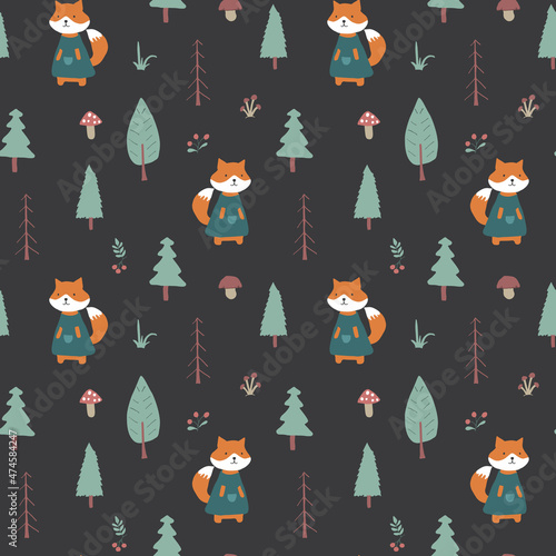 Cute Fox Seamless pattern. Cartoon Animals in forest background. Vector illustration