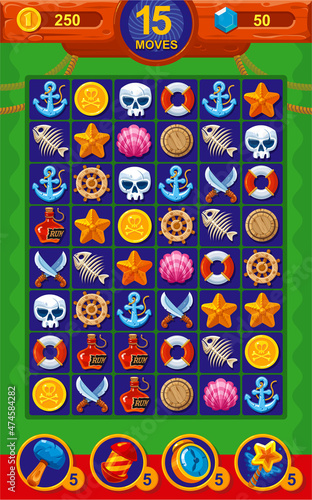 Interface elements for the game Match 3 on the marine theme.
Game field with icons of anchors, shells, skull, coin, bottle, starfish, knives, fish, steering wheel, lifebuoy. 
Settings for levels, scor