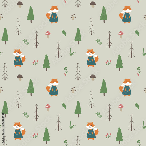 Cute Fox Seamless pattern. Cartoon Animals in forest background. Vector illustration