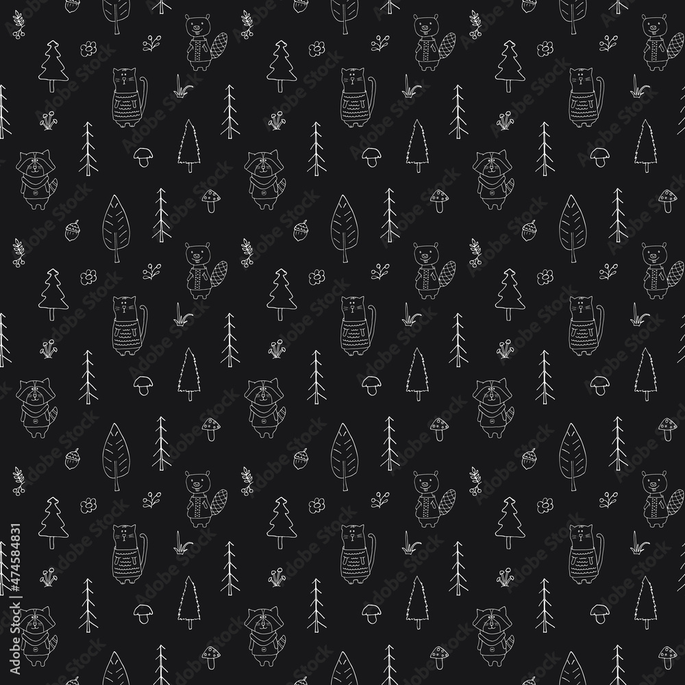 Naklejka premium Cute animals Seamless pattern. Cartoon Animals in forest background. Vector illustration