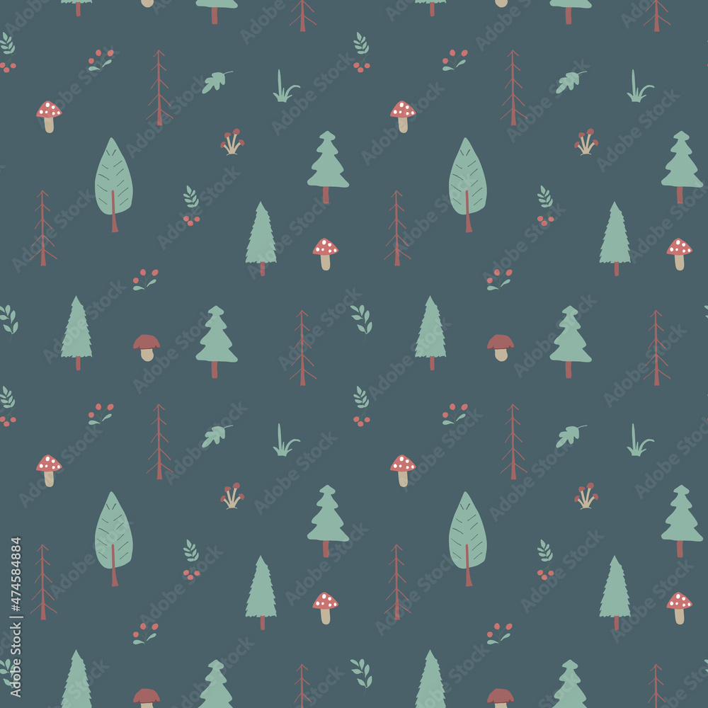 Woodland Seamless pattern, Forest background. Cute cartoon trees and plants vector illustration Woodland Seamless pattern, Forest background. Cute cartoon trees and plants vector illustration