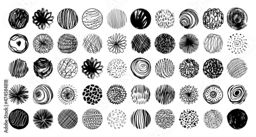 Set of black abstract textured circles with patterns. 