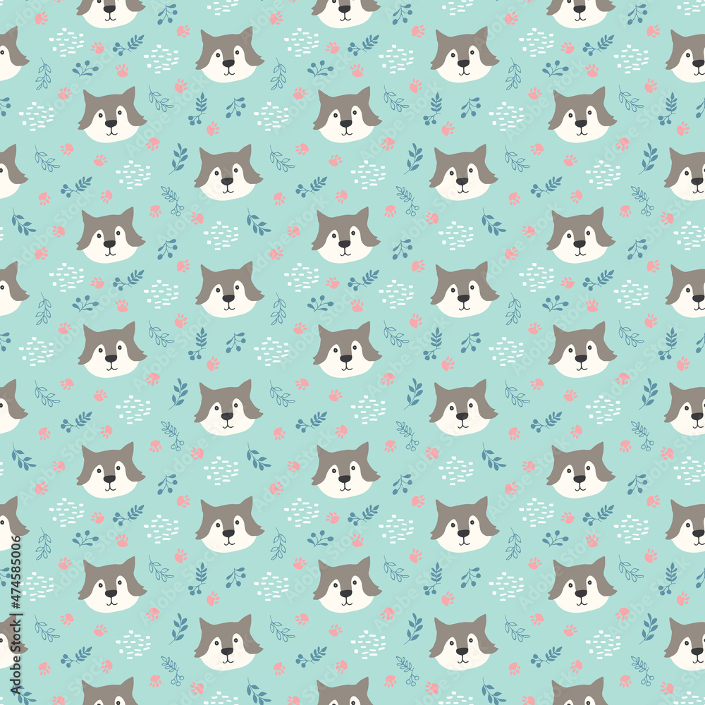 Obraz premium Cute wolf Seamless pattern. Cartoon Animals in forest background. Vector illustration