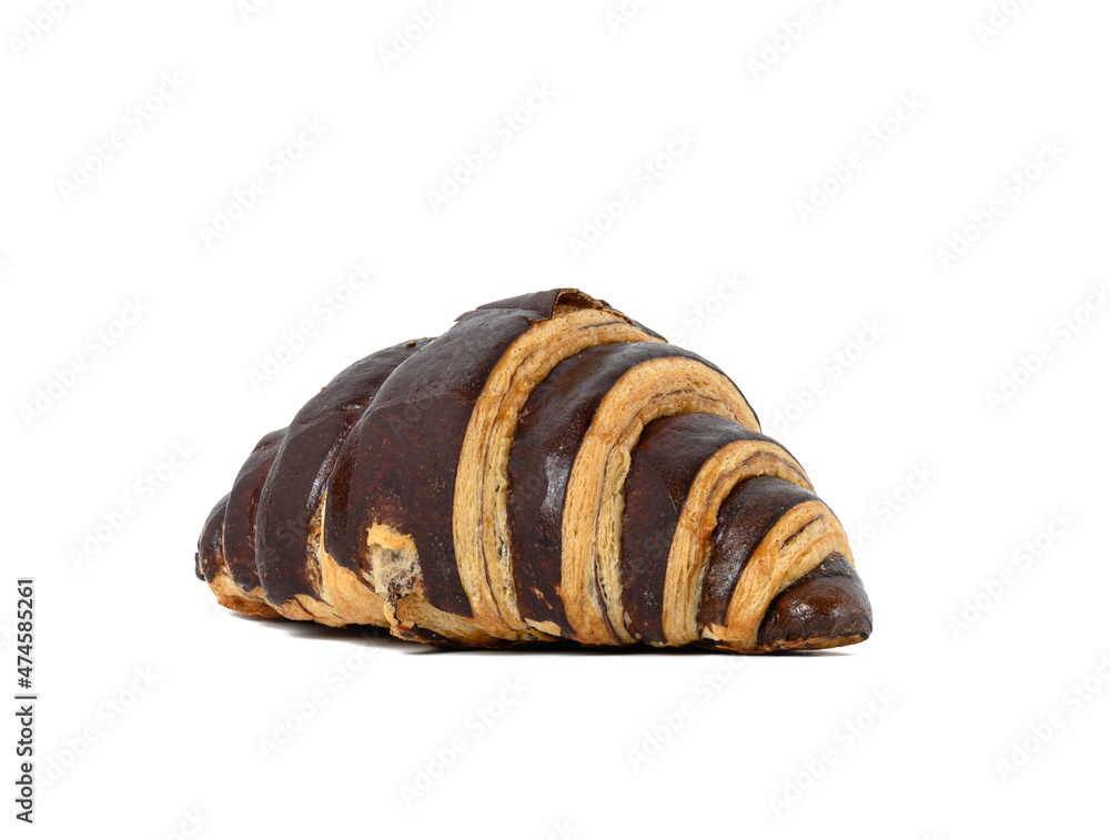 baked chocolate croissant made from white wheat flour isolated on white background, close up baked chocolate croissant made from white wheat flour isolated on white background, close up