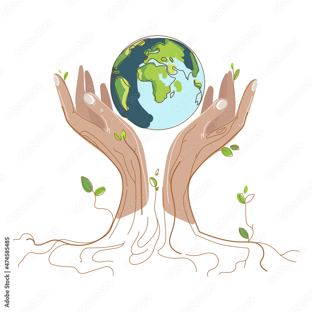 Save the world concept.Planet earth in human hands with foliage and tree roots on a white background sketch style drawing.World climate change.Vector illustration Save the world concept.Planet earth in human hands with foliage and tree roots on a white background sketch style drawing.World climate change.Vector illustration
