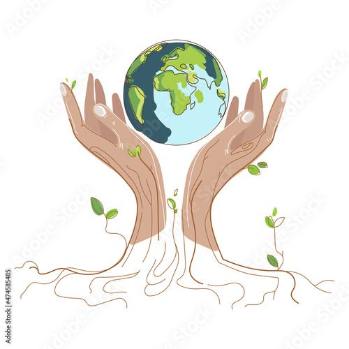 Save the world concept.Planet earth in human hands with foliage and tree roots on a white background sketch style drawing.World climate change.Vector illustration