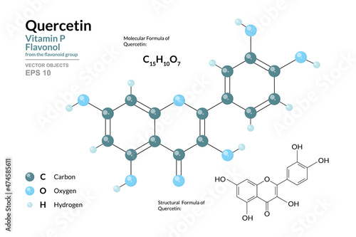 Quercetin. Vitamin P. Plant Flavonol from the Flavonoid Group of Polyphenols. Structural Chemical Formula and Molecule 3d Model. C15H10O7. Atoms with Color Coding. Vector Illustration