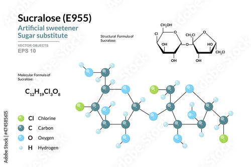 Sucralose. E955. Artificial Sweetener and Sugar Substitute. Structural Chemical Formula and Molecule 3d Model. C12H19Cl3O8. Atoms with Color Coding. Vector Illustration
