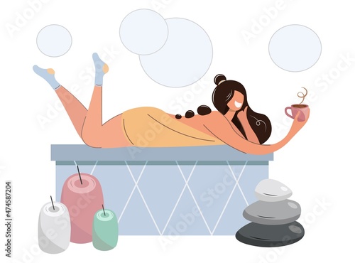 A cute woman relaxes in a bath or spa with massage stones and a cup of coffee.Spa treatments at home or in the sauna with a young brunette girl. Vector isolated design for massage posters, banners.