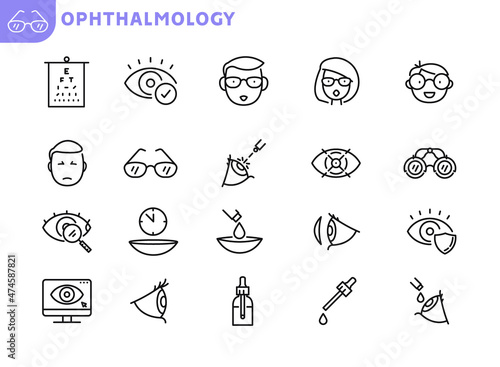 Ophthalmology line icons set. Checking eyesight, choosing glasses, laser vision correction  flat icons collection. Oculist consultation. Optometry equipment, health care outline signs. Editable stroke