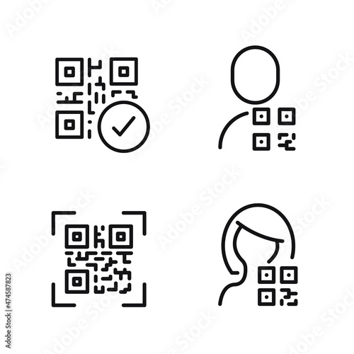 QR code line icons set. Checking qr, qr verification, id identification flat icons collection. QR signs. Editable stroke