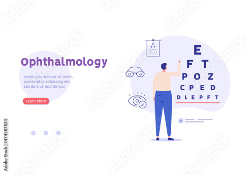 Doctor ophthalmologist checks eyesight. Concept of ophthalmology, choosing eyeglasses, checking health, healthcare, eye test chart. Vector illustration in flat design for web banner