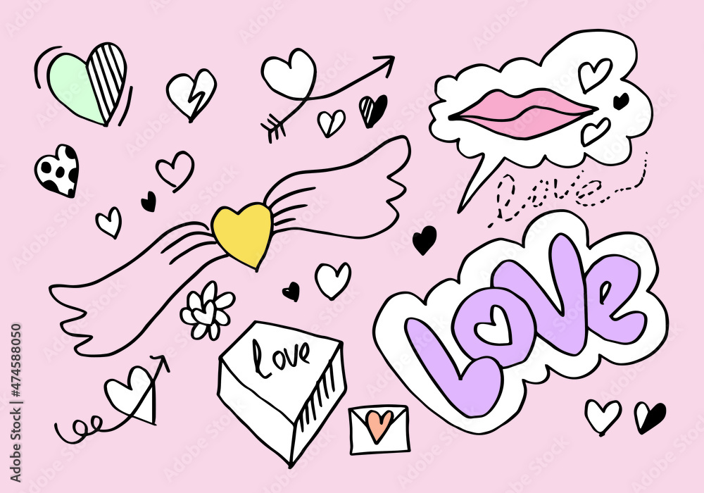 hand drawn doodles set for Valentine's Day. collection of beautiful hearts and writings Love on pink background. Vector illustration.