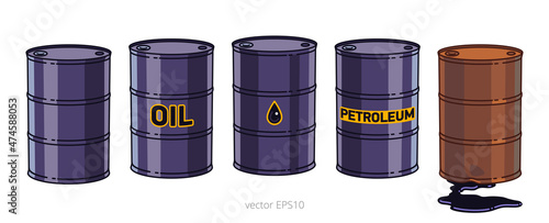 Vector set of drawn crude oil barrels. Four greasy steel drums with a marks 'oil', 'petroleum' and icon of droplet and one rusty barrel with a leak of the black fuel. Puddle of oil