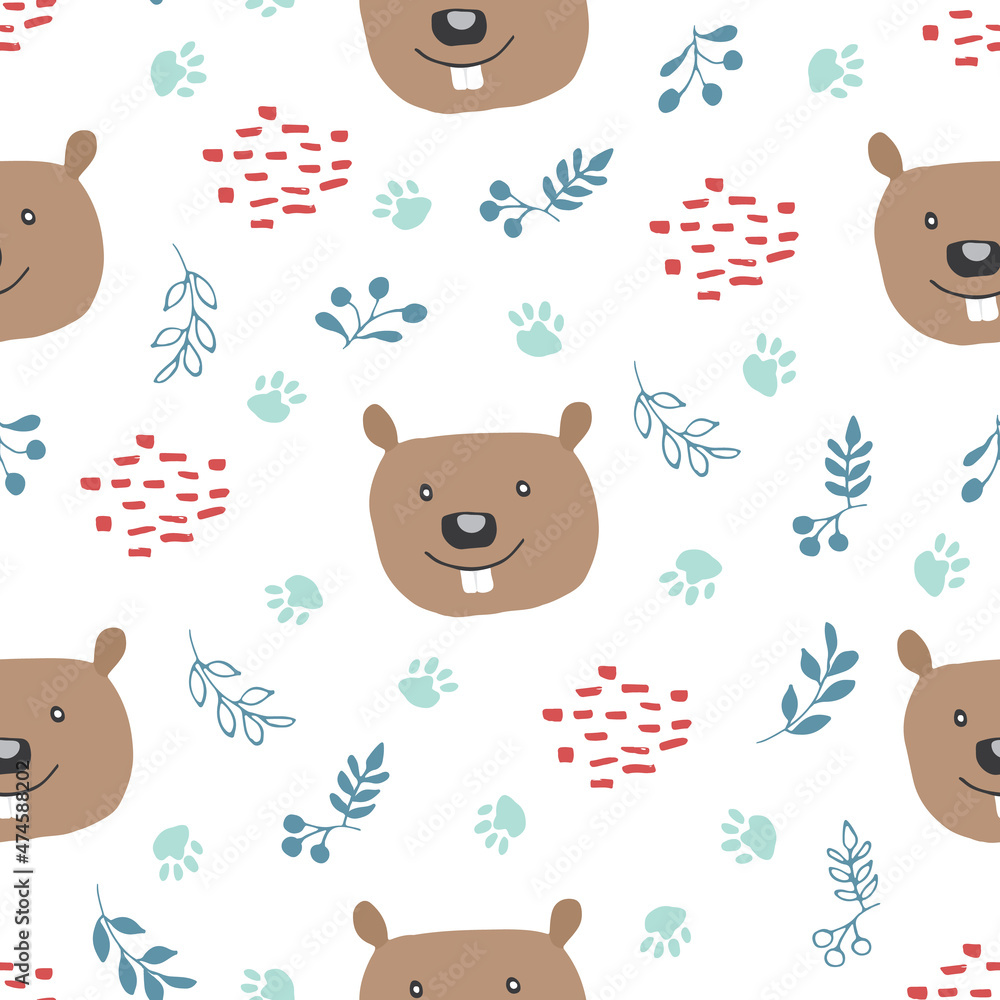 Fototapeta premium Cute Beaver Seamless pattern. Cartoon Animals in forest background. Vector illustration