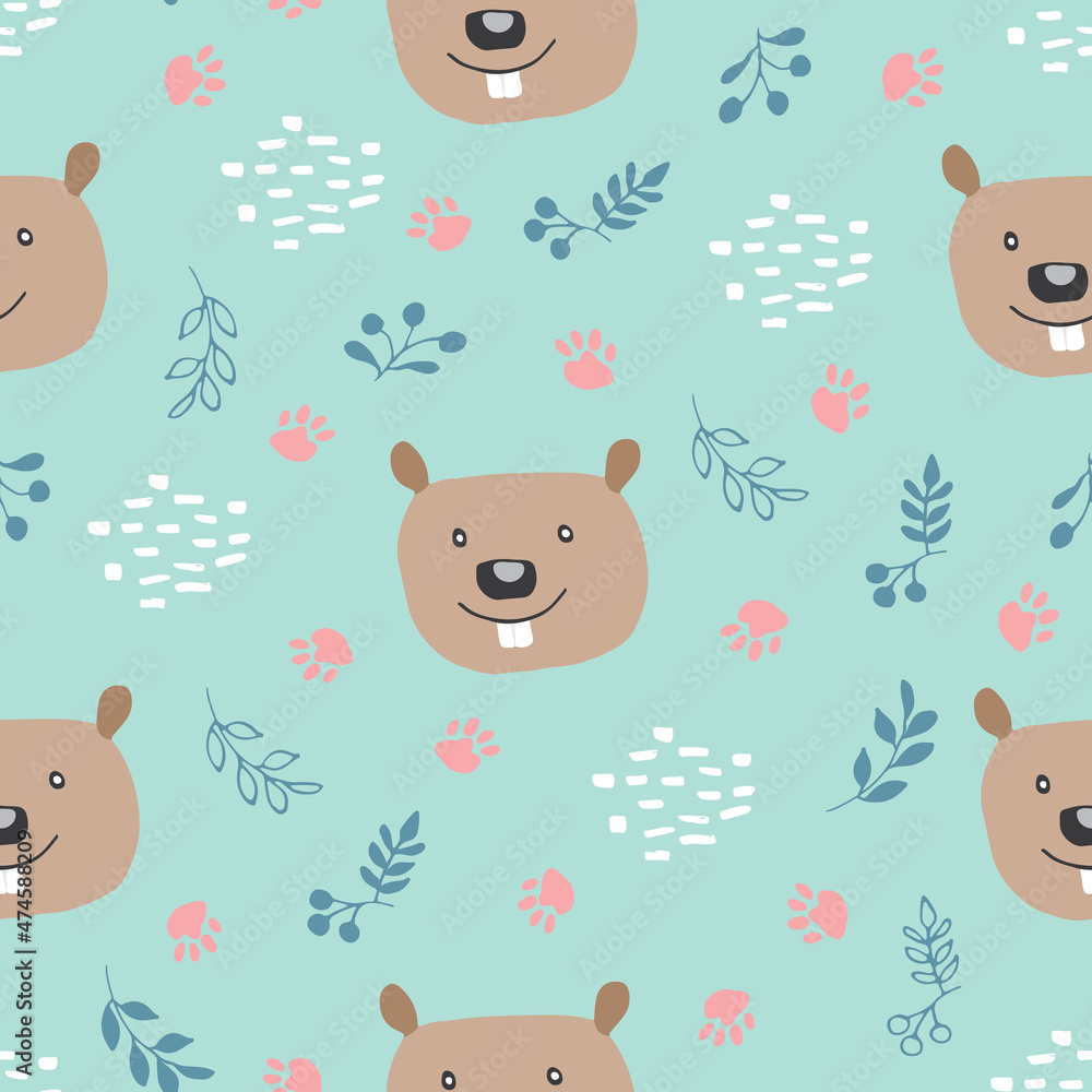 Fototapeta premium Cute Beaver Seamless pattern. Cartoon Animals in forest background. Vector illustration