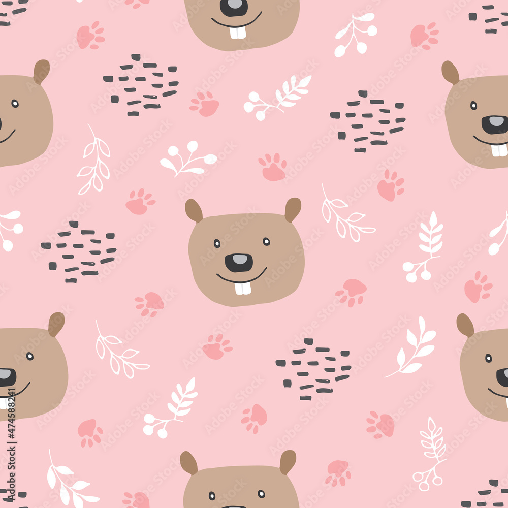 Cute Beaver Seamless pattern. Cartoon Animals in forest background. Vector illustration