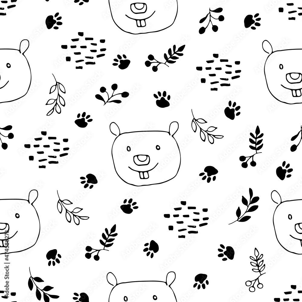 Cute Beaver Seamless pattern. Cartoon Animals in forest background. Vector illustration Cute Beaver Seamless pattern. Cartoon Animals in forest background. Vector illustration