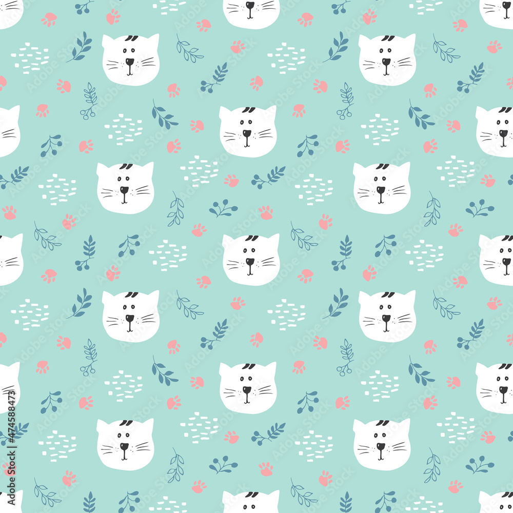 Fototapeta premium Cute Cat Seamless pattern. Cartoon Animals in forest background. Vector illustration