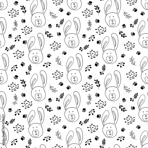 Cute rabbit Seamless pattern. Cartoon Animals in forest background. Vector illustration