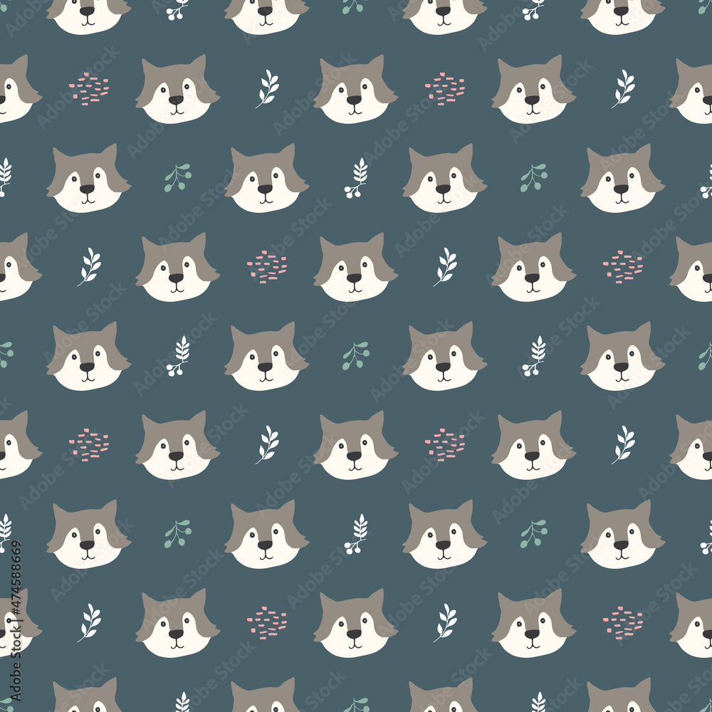 Obraz premium Cute wolf Seamless pattern. Cartoon Animals in forest background. Vector illustration