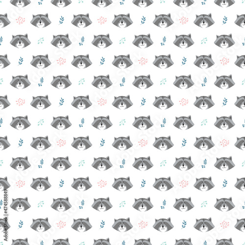 Cute Raccoon Seamless pattern. Cartoon Animals in forest background. Vector illustration