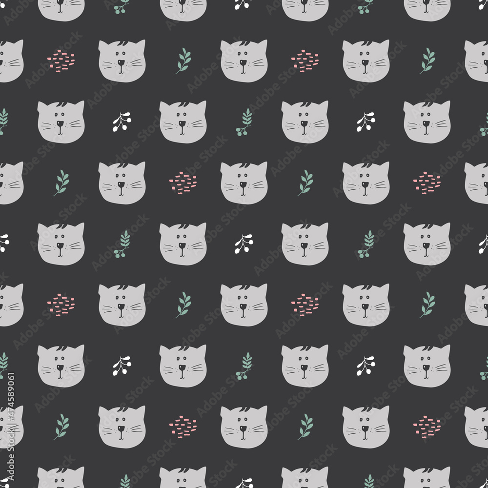 Cute Cat Seamless pattern. Cartoon Animals in forest background. Vector illustration