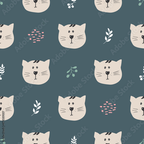 Fototapeta Naklejka Na Ścianę i Meble -  Cute Cat Seamless pattern. Cartoon Animals in forest background. Vector illustration