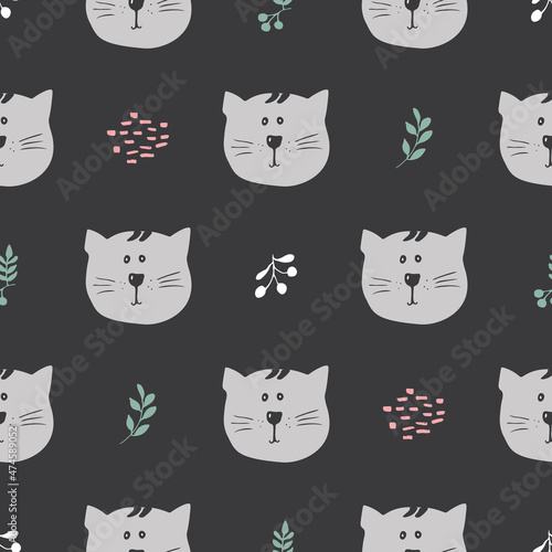 Fototapeta Naklejka Na Ścianę i Meble -  Cute Cat Seamless pattern. Cartoon Animals in forest background. Vector illustration