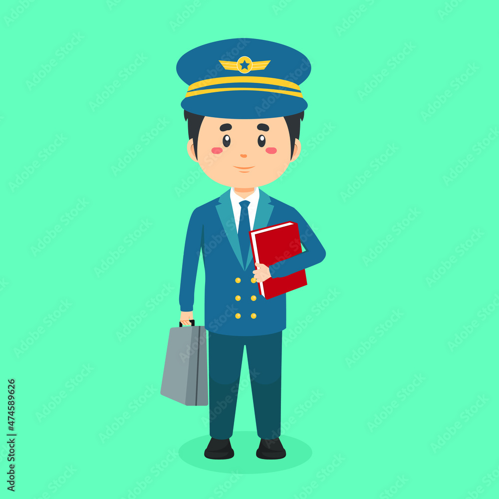 Pilot Character Standing With File and Briefcase