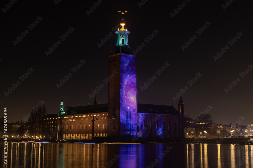Nobel Week Lights at City Hall in Stockholm.
Stockholms stadshus.