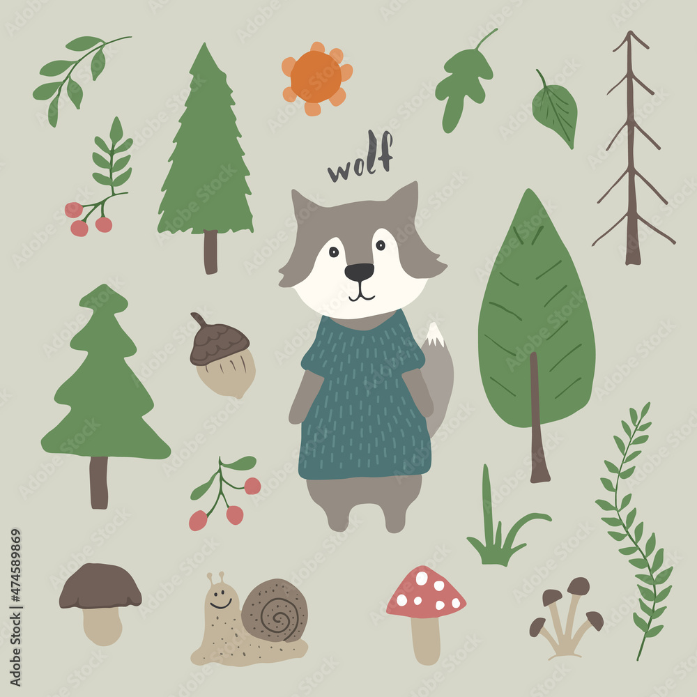 Fototapeta premium Cute Wolf in forest. Cartoon Animal in Woodland with trees and plants. Vector illustration