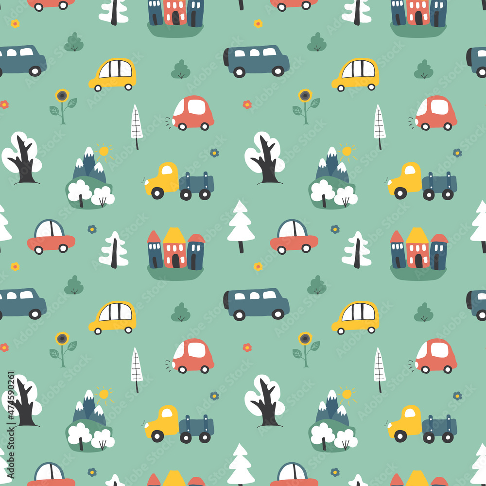 Cute Cars Seamless Pattern, Cartoon transportation Doodles Background, vector Illustration Cute Cars Seamless Pattern, Cartoon transportation Doodles Background, vector Illustration