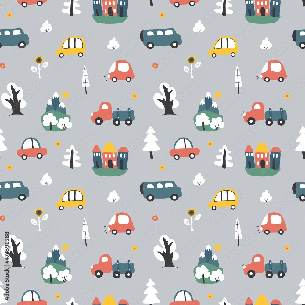 Fototapeta premium Cute Cars Seamless Pattern, Cartoon transportation Doodles Background, vector Illustration