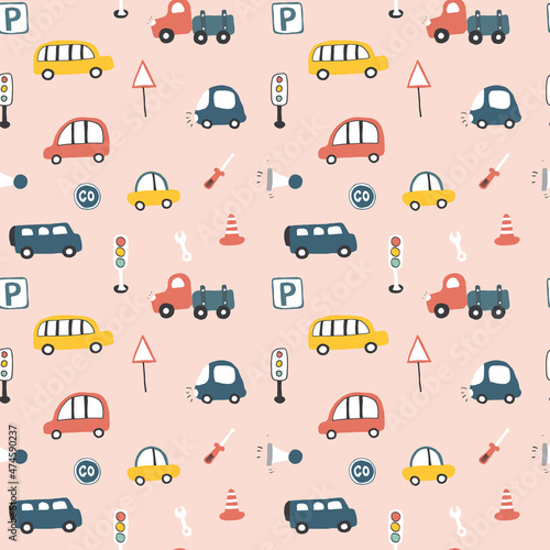 Cute Cars Seamless Pattern  Cartoon transportation Doodles Background  vector Illustration