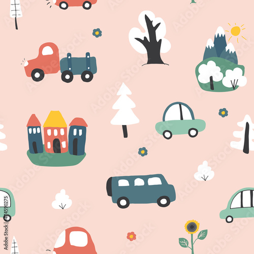 Cute Cars Seamless Pattern, Cartoon transportation Doodles Background, vector Illustration