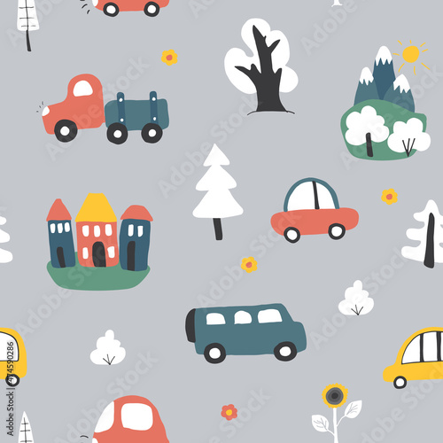 Cute Cars Seamless Pattern, Cartoon transportation Doodles Background, vector Illustration