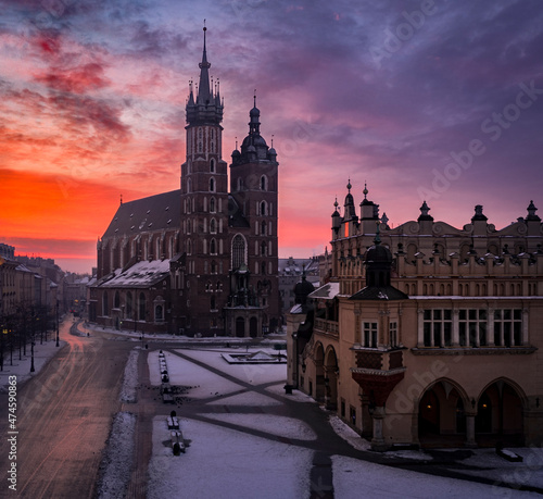 Saint Mary's Basilica located on Main Square in Cracow during magic, colorful sunrise, Poland