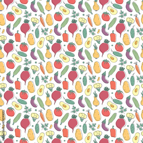 Vegetables seamless pattern. Vegetarian healthy bio food background  Vegan organic eco products pepper  tomato  cucumber  carrot  potato  avocado  beans and peas. Vector illustration