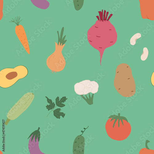 Fototapeta Naklejka Na Ścianę i Meble -  Vegetables seamless pattern. Vegetarian healthy bio food background, Vegan organic eco products pepper, tomato, cucumber, carrot, potato, avocado, beans and peas. Vector illustration
