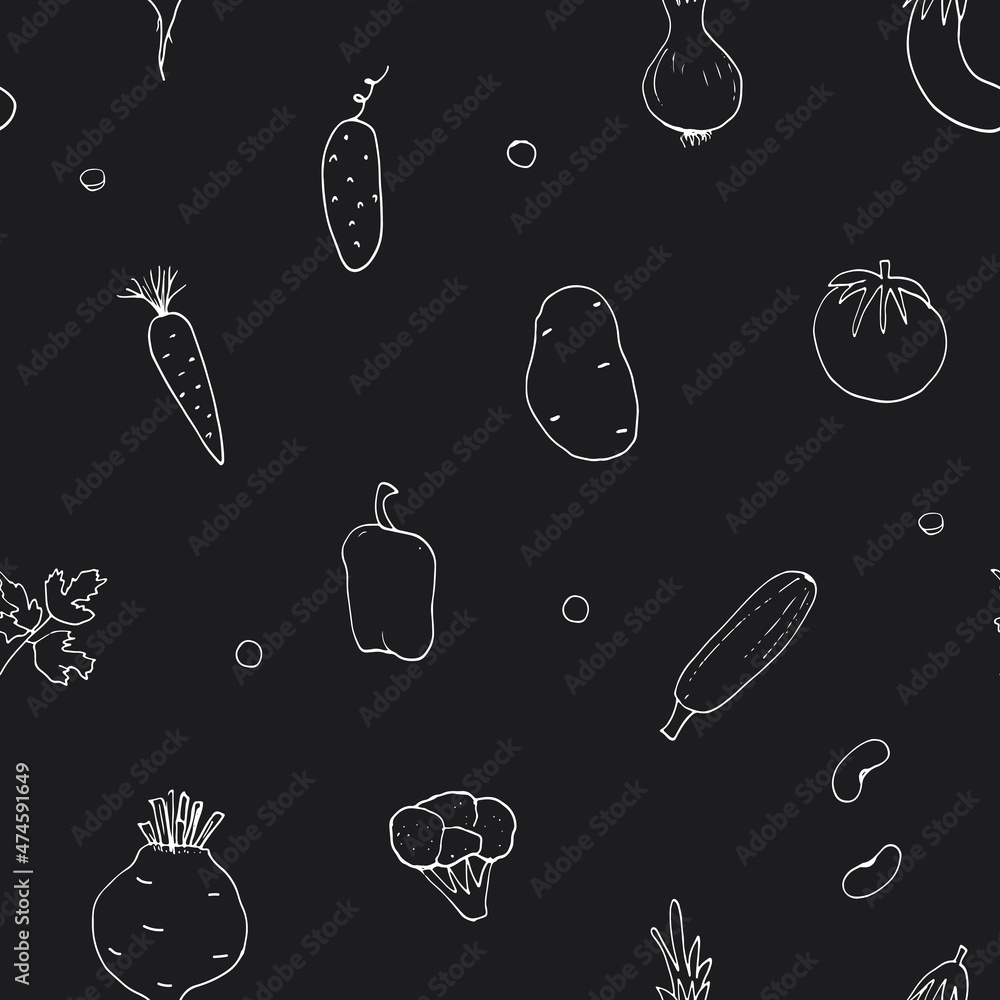 Vegetables seamless pattern. Vegetarian healthy bio food background, Vegan organic eco products pepper, tomato, cucumber, carrot, potato, avocado, beans and peas. Vector illustration Vegetables seamless pattern. Vegetarian healthy bio food background, Vegan organic eco products pepper, tomato, cucumber, carrot, potato, avocado, beans and peas. Vector illustration